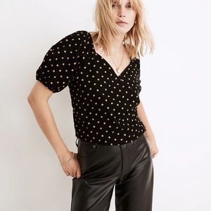 Madewell Corduroy Puff-Sleeve Wrap Top in Oval Dot Black Tan Size M